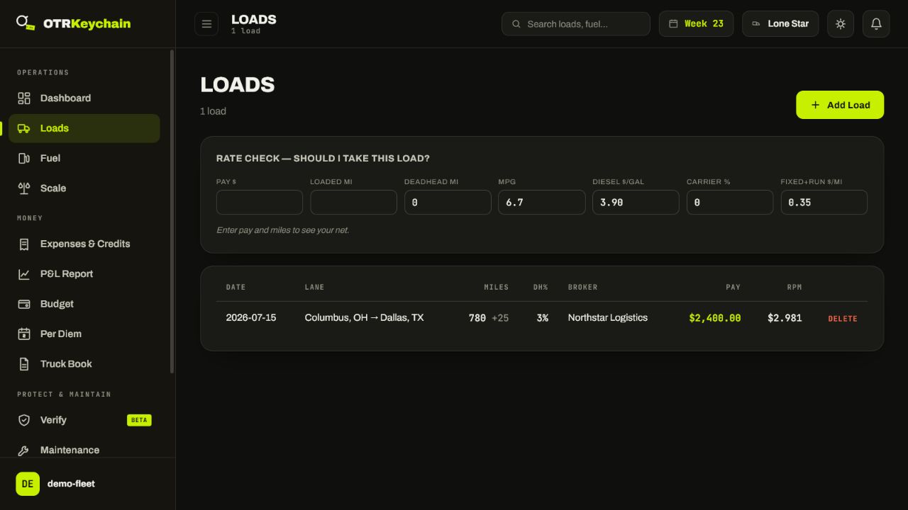 OTRKeychain Loads screen showing a saved sample load from Columbus to Dallas